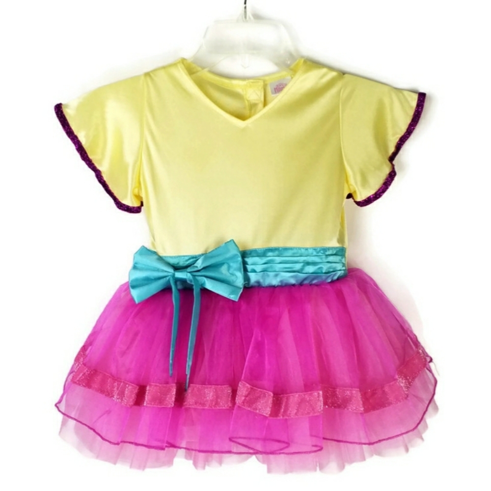 Disney Fancy Nancy Yellow Pink V-Neck Short Ruffle Sleeve Tutu Costume Dress M